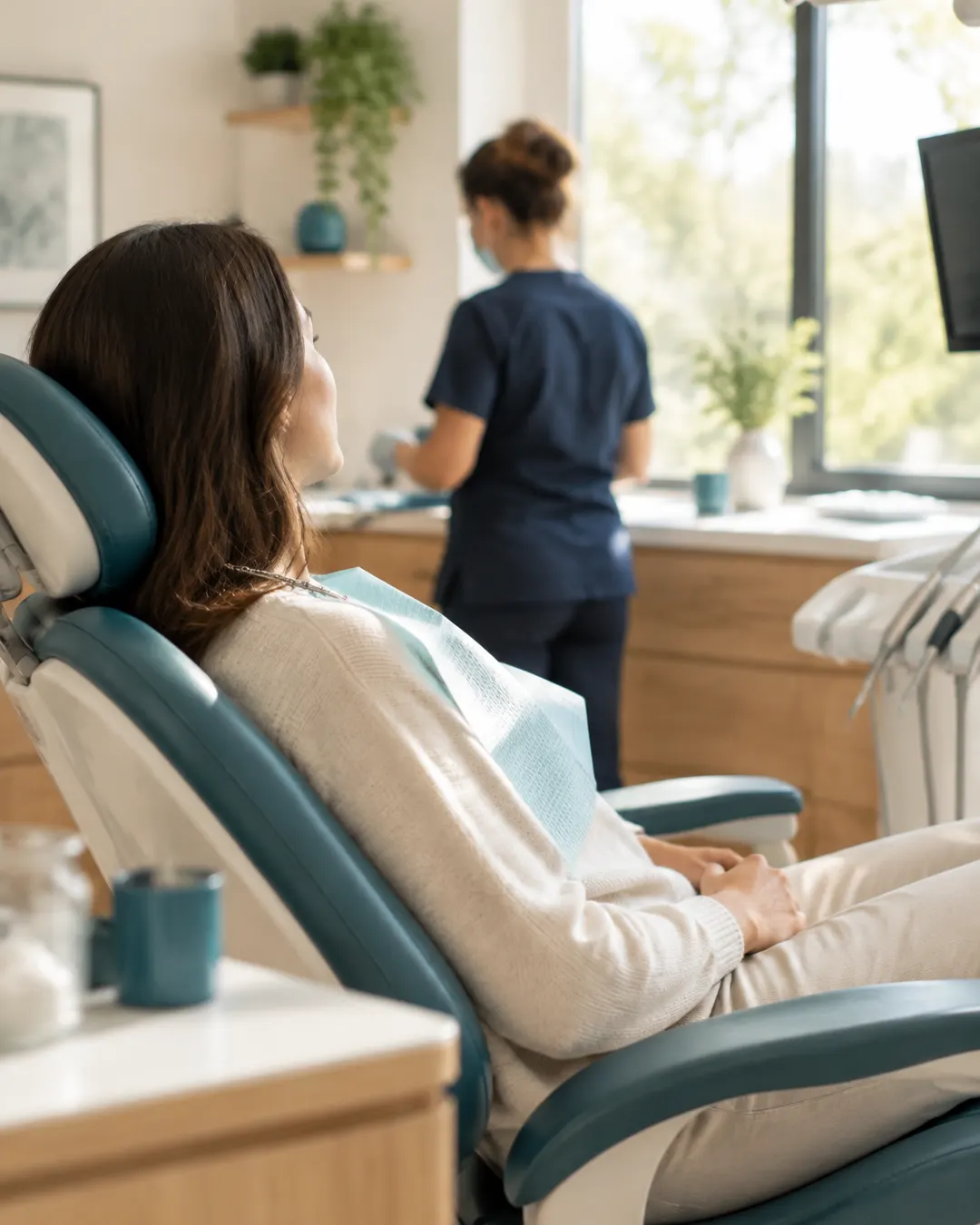 Patientin im Behandlungsstuhl, von der Seite
